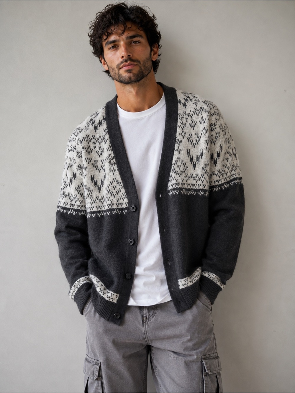 FRANK & OAK Preppy Grandpa Charcoal Gray and White Patterned Cardigan Size Lg